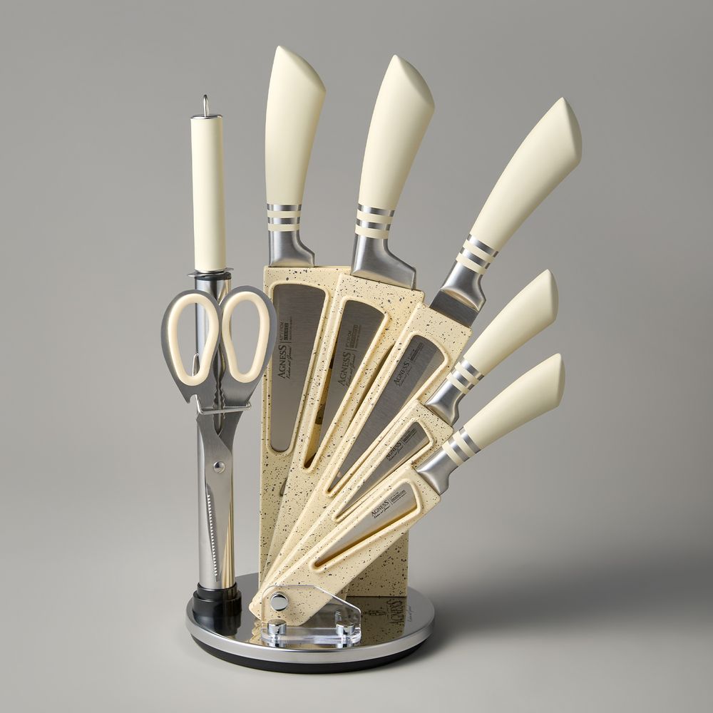 НАБОР НОЖЕЙ AGNESS С НОЖНИЦАМИ И МУСАТОМ НА ПЛАСТИКОВОЙ ПОДСТАВКЕ, 8 ПРЕДМЕТОВ (КОР=6НАБОР.)