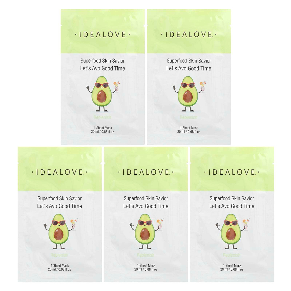 Idealove, Superfood Skin Savior, маска для лица с суперфудами, авокадо, 5 шт. по 20 мл (0,68 жидк. унции)