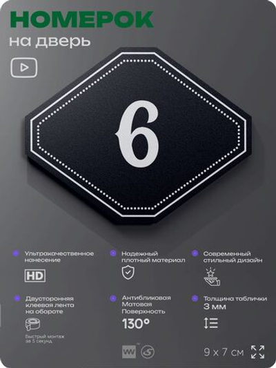 Номерок на дверь квартиры 6, для кабинета, офиса, шильдик 9 х 7 см, черный, Айдентика Технолоджи
