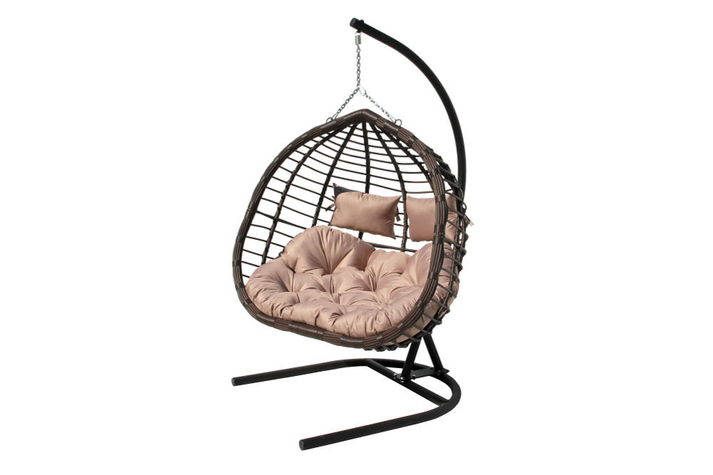 Кресло подвесное Garden Story двойное Ортис (стойка+основание черный,корзн. корич.,подуш. беж. 3уп. (В))