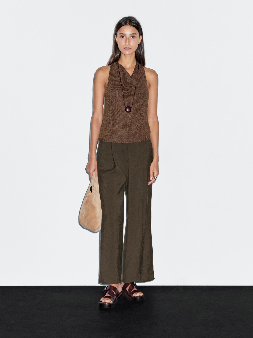 Massimo Dutti Вязаный топ-халтер из смесовой льняной ткани, коричневый