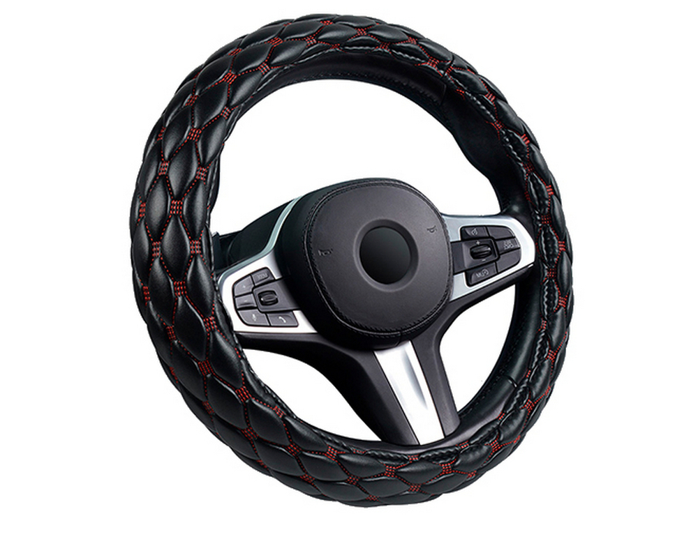 Оплетка на руль круглая CarFashion -XL- «SHUTTLE» 31695 - Экокожа - черный/красный