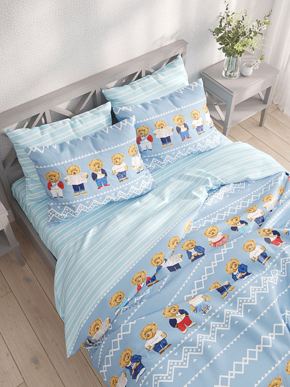 Постельное белье Сказка "Мишки/Лагуна" 2-спальный Наволочка 50х70 см 2 шт Простынь на резинке 160х200 см Пододеяльник 175х215 см, перкаль