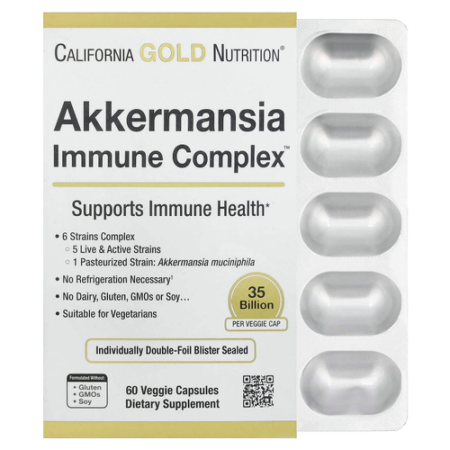 California Gold Nutrition, Akkermansia Immune Complex, комплекс с аккермансией для укрепления иммунитета + пробиотики, 60 растительных капсул