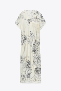 ZARA ПЛАТЬЕ МИДИ С ПРИНТОМ — ZW COLLECTION, ЭКРЮ/ЧЕРНЫЙ