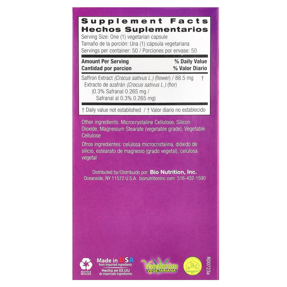 Bio Nutrition, Экстракт шафрана, 88,5 мг, 50 вегетарианских капсул