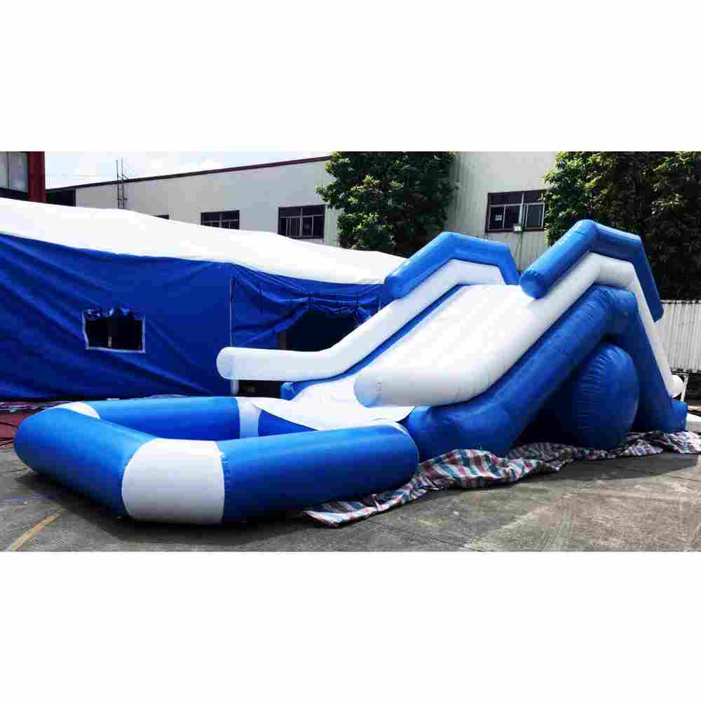 Надувная прямая водная горка с бассейном «Пляжный рай», 9*3*3 м, герметичная бело-синяя