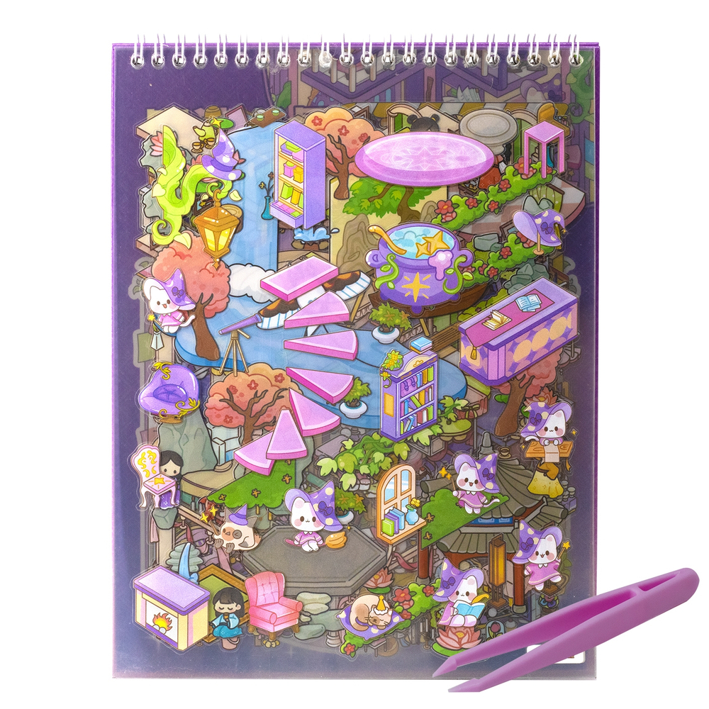 Румбокс, наклейки для творчества - антистресс блокнот, 200*265 мм, "Animal Party", фиолет, XXL, 3D стикеры, 6 комнат, в комплекте пинцет, пакет с европодвесом