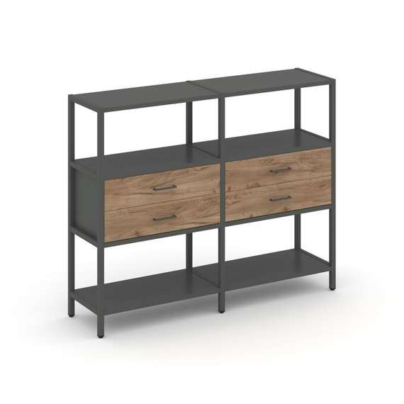 Shelf System Двухсекционный стеллаж трехярусный с ящиками SN.STM-322 Антрацит/Дуб Табак/Металл Антра