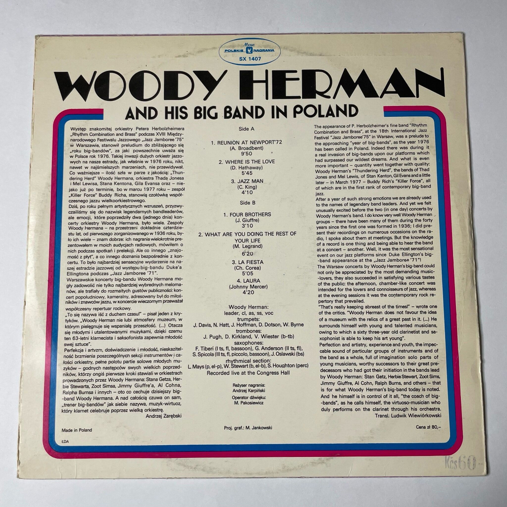Винтажная виниловая пластинка LP Woody Herman And His Big Band In Poland (Польша 1977)