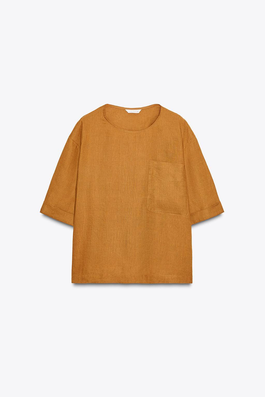 ZARA ТОП ИЗ ЛЬНА С КОРОТКИМИ РУКАВАМИ ZW COLLECTION, ОХРА