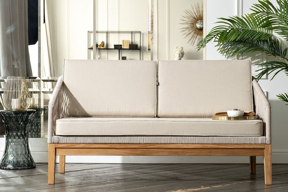 "Канны" лаунж-зона 4-местная из роупа со столиком "Канны" цвета "дуб", основание дуб, роуп бежевый