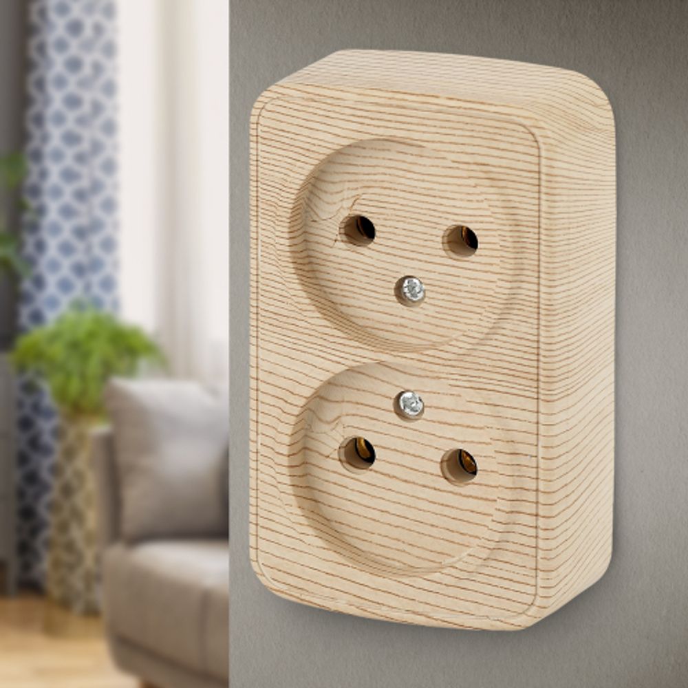 Розетка Intro Polo 3-203-11 двойная без заземления 2х2P, 16A-250В, IP20, ОУ, сосна