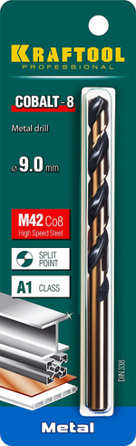 KRAFTOOL COBALT-8, 9.0 х 125 мм, сталь М42, HSS-Co(8%), сверло по металлу (29656-9)