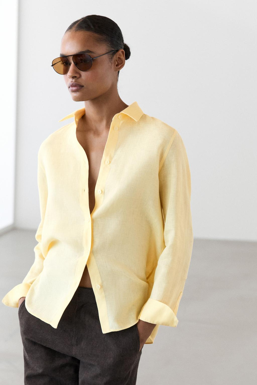 Massimo Dutti Свободная рубашка из 100% льна, пастельно-желтый