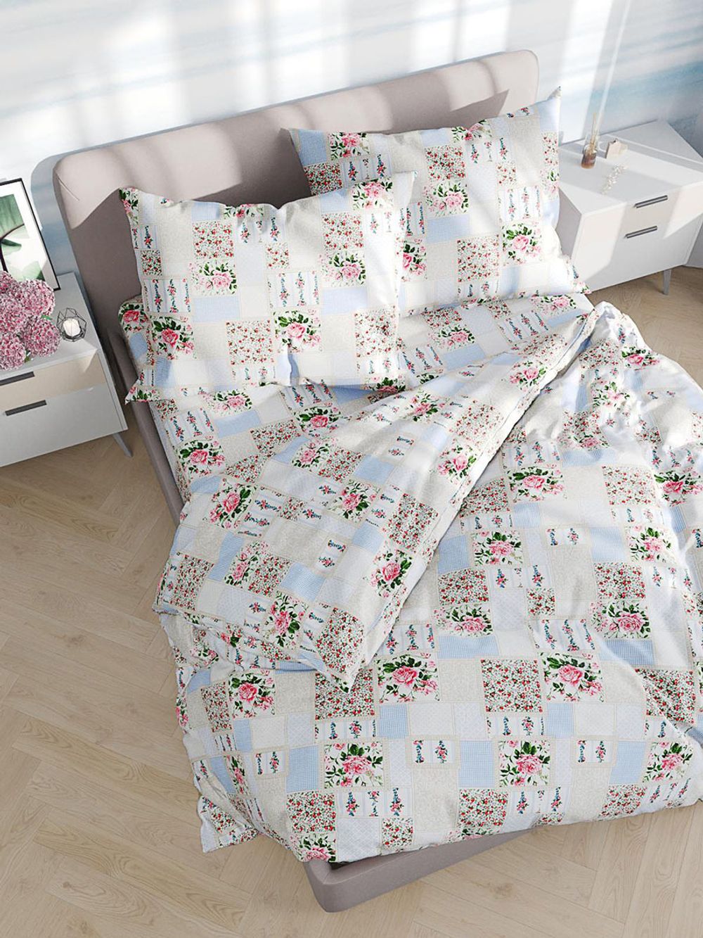 Постельное белье Сказка "Квилт" 2-спальный Наволочка 50х70 см 2 шт Простынь на резинке 160х200 см Пододеяльник 175х215 см, перкаль