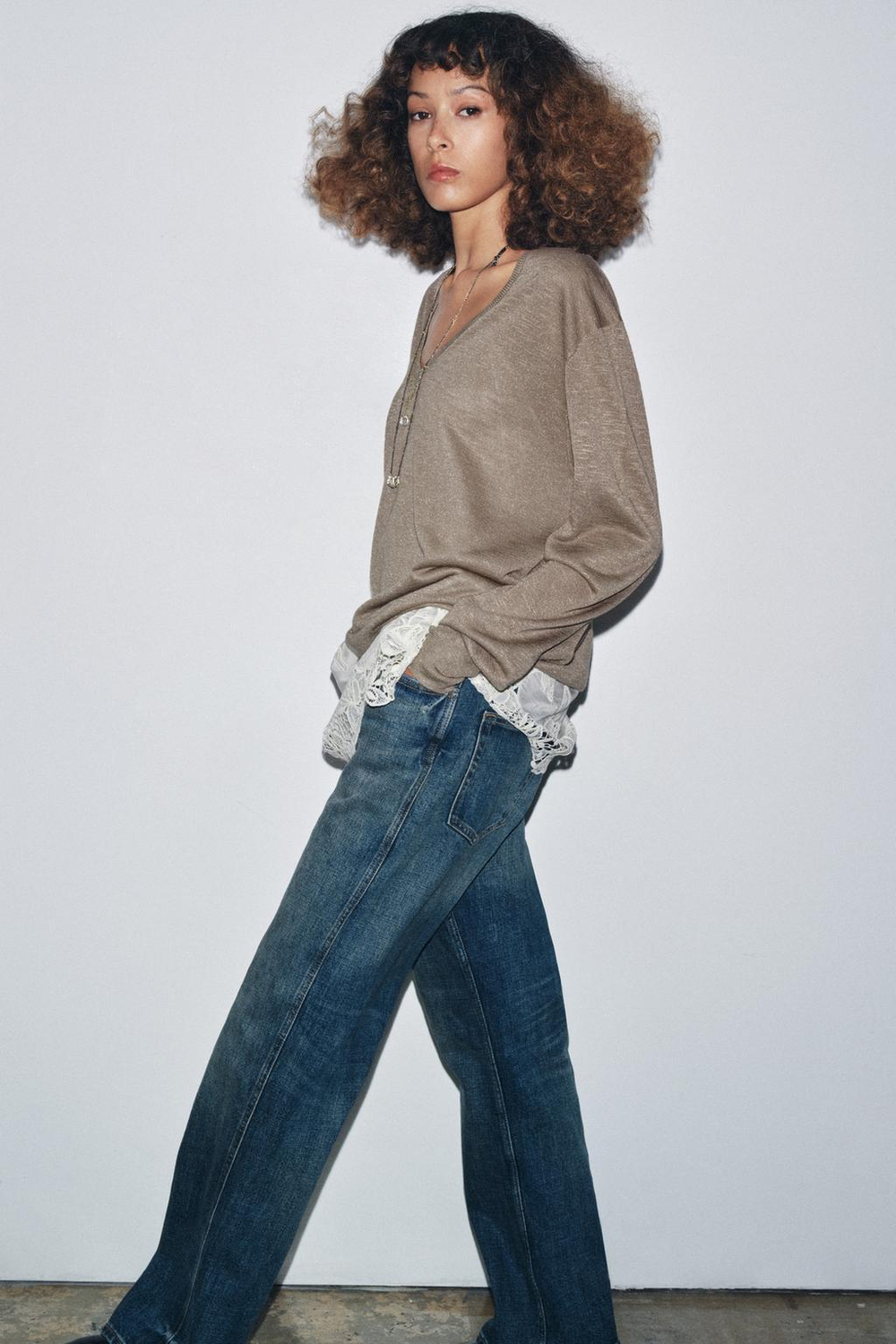 ZARA КОМБИНИРОВАННЫЙ ТРИКОТАЖНЫЙ ДЖЕМПЕР, БЕЖЕВЫЙ