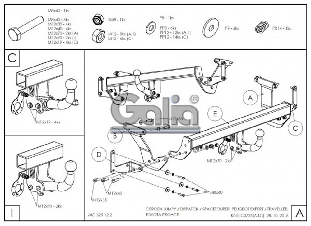 Фаркоп оцинкованный Galia C072A для Citroen Spacetourer 2016-, Peugeot Traveller 2016-, Citroen Jumpy 2016-, Peugeot Expert 2016-, Toyota Proace 2016-(паспорт и сертификат в комплекте)(без электрики)