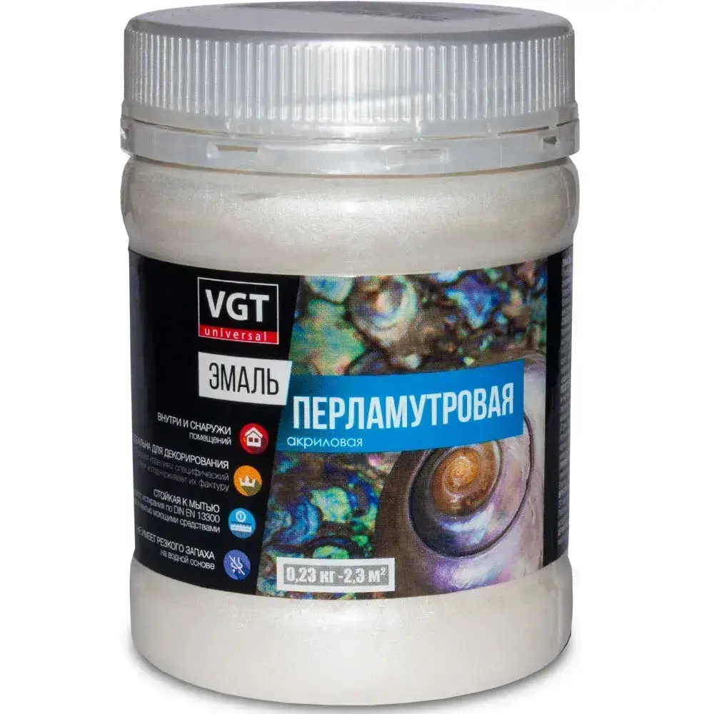 Эмаль декоративная перламутровая VGT ВД-АК-1179, полуглянцевая, полупрозрачная, серебристо-белая 230г