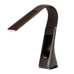 TLD-542 Brown-LED-300Lm-5000K-Dimmer Светильник настольный c часами. календарем. термометром. 5W. Сенсорный выключатель. Коричневый стилизован под кожу. TM Uniel.