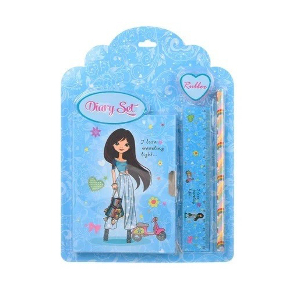 Блокнот детский Basir на замке, с карандашом, линейкой и ластиком, формат А6, серия "Девочка", переплет 7БЦ, 15*11 см, 48 листов, 4 цвета ассорти