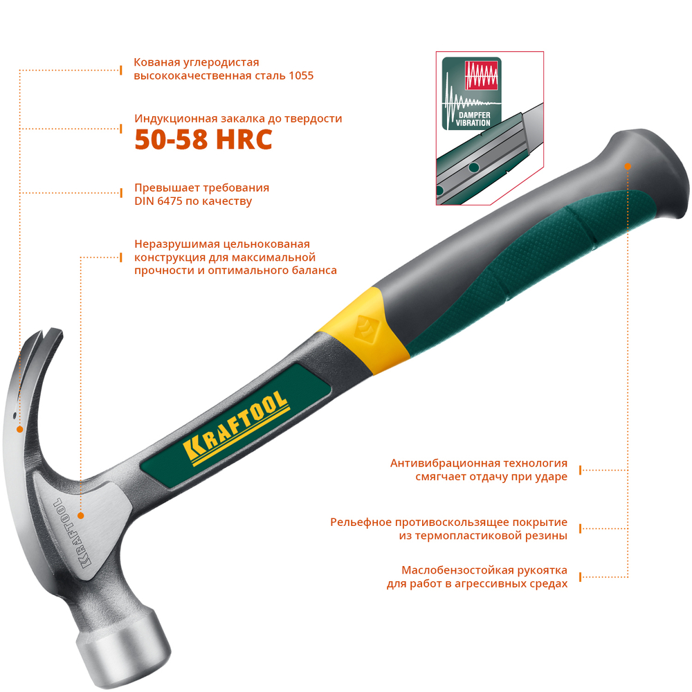 KRAFTOOL Thor, 560 г, цельнокованый столярный молоток-гвоздодёр (20270)
