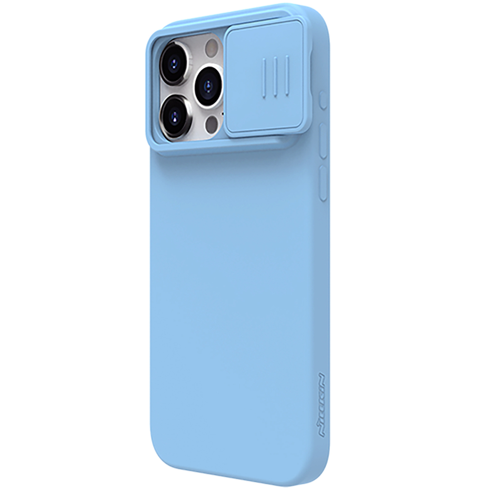 Чехол с MagSafe и с шелковистым покрытием синего цвета (Haze Blue) от Nillkin для iPhone 15 Pro Max, серия CamShield Silky Magnetic Silicone Case