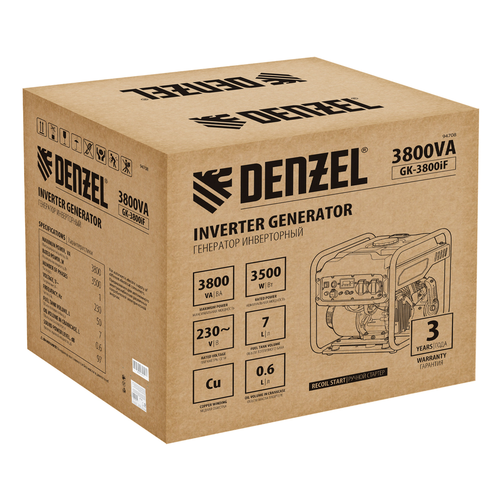 Генератор инверторный GK-3800iF, 3,8 кВт, 230 В, ручной старт DENZEL