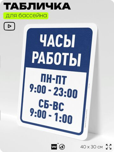 Табличка для бассейна "Часы работы", на пляж, для общественной и частной зоны отдыха, информационная, 40х30 см, Silver Plane x Айдентика Технолоджи