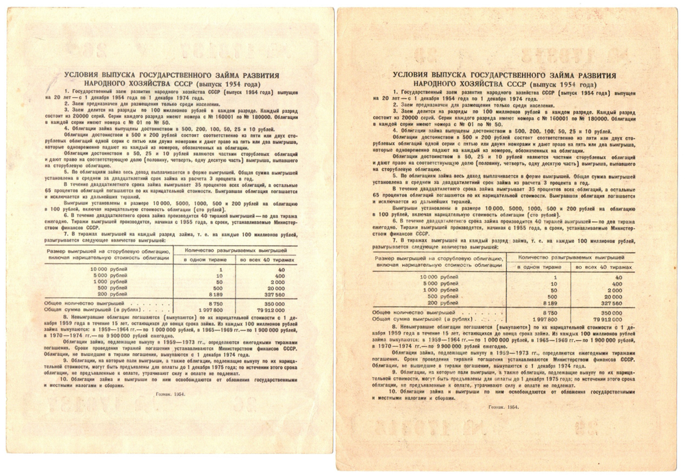 Набор из 2 Облигаций 10, 25 рублей 1954 год CCСР