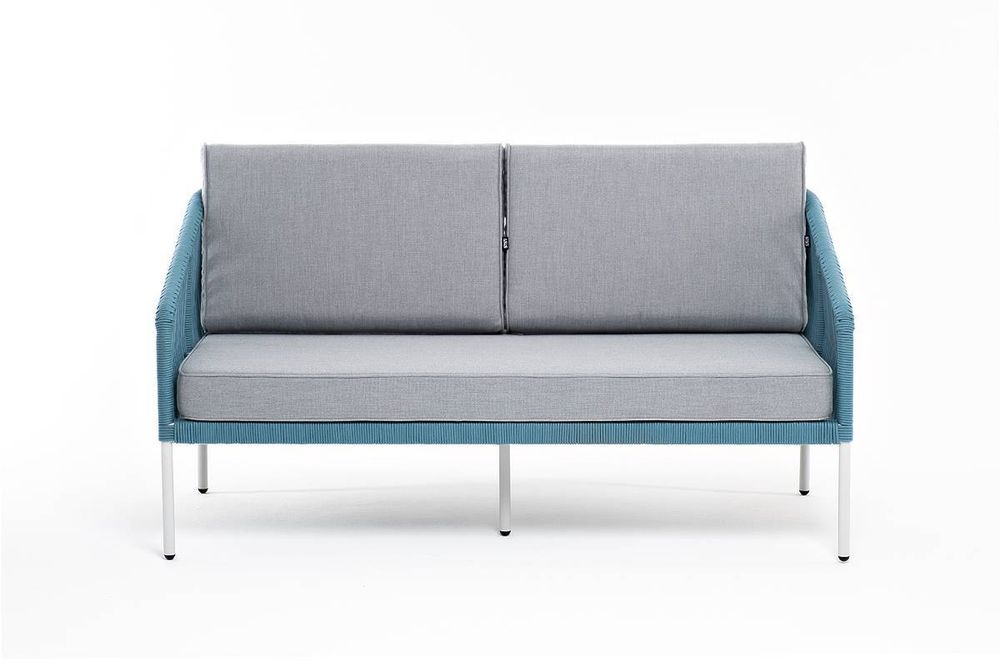 "Канны" диван 2-местный плетеный из роупа, каркас алюминий светло-серый (RAL7035) муар, роуп бирюзовый круглый, ткань светло-серая