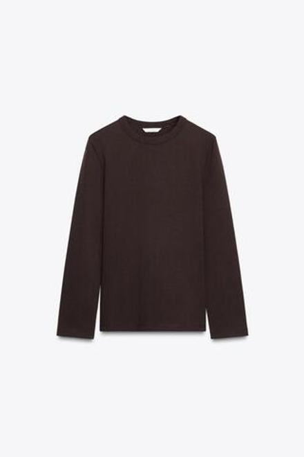 ZARA ФУТБОЛКА INTERLOCK С ДЛИННЫМИ РУКАВАМИ, ШОКОЛАДНЫЙ