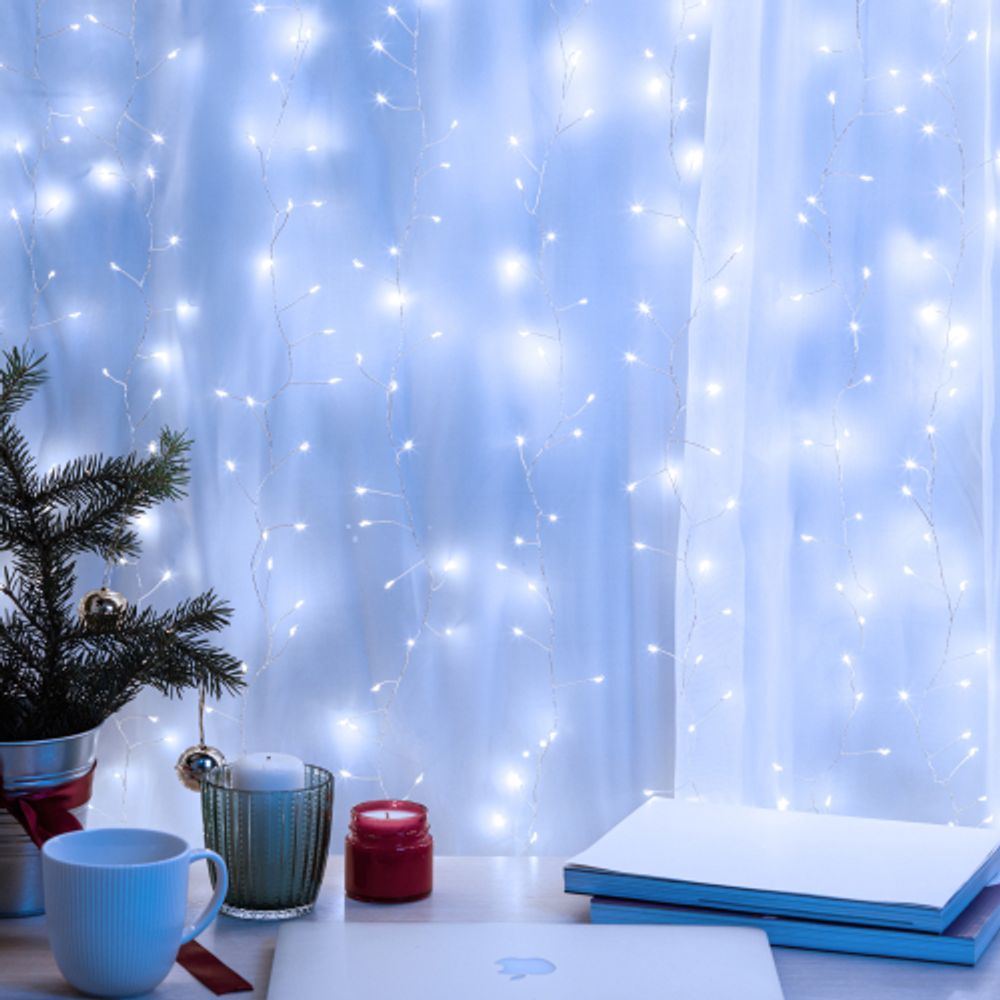 Светодиодная новогодняя гирлянда ЭРА ENIZ-800H занавес Роса-мишура 3*2 м холодный свет 800 microled IP20 | Гирлянды