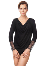 Эффектное боди с кружевом на руках и полупрозрачной спинкой (Размер: S) (Цвет: черный с бежевым)