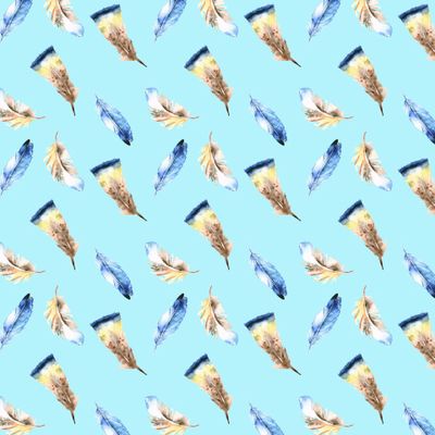 Разноцветные перья на голубом, акварельная иллюстрация