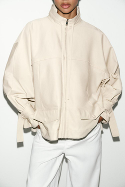 ZARA СВОБОДНАЯ КУРТКА С ВОРОТНИКОМ-СТОЙКОЙ, ТЕМНО-БЕЖЕВЫЙ