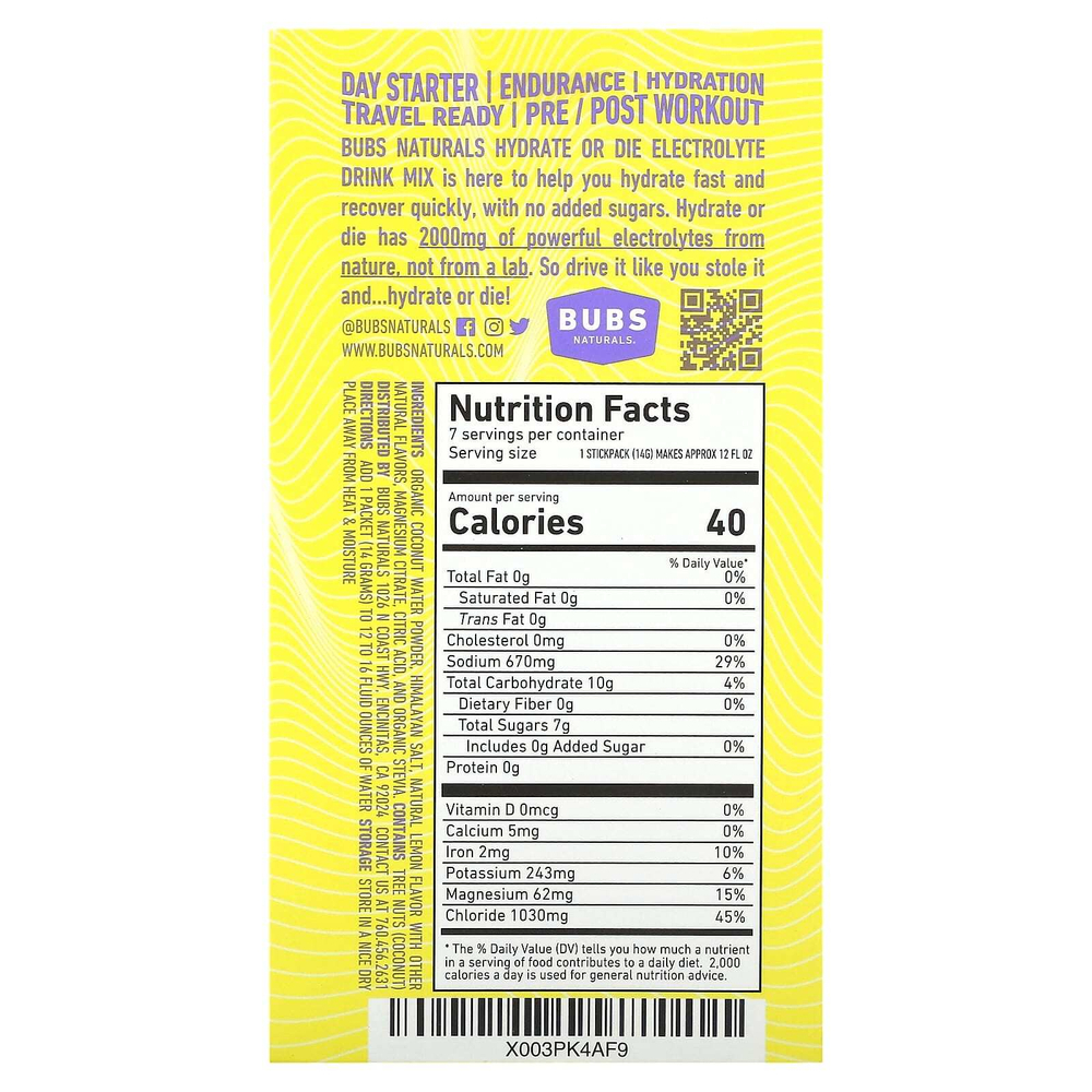 BUBS Naturals, Hydrate or Die, смесь для приготовления электролитов, лимон, 7 палочек по 14 г (0,4 унции)