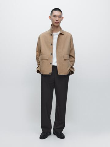 Massimo Dutti Куртка из смесового льна с карманами, бежевый