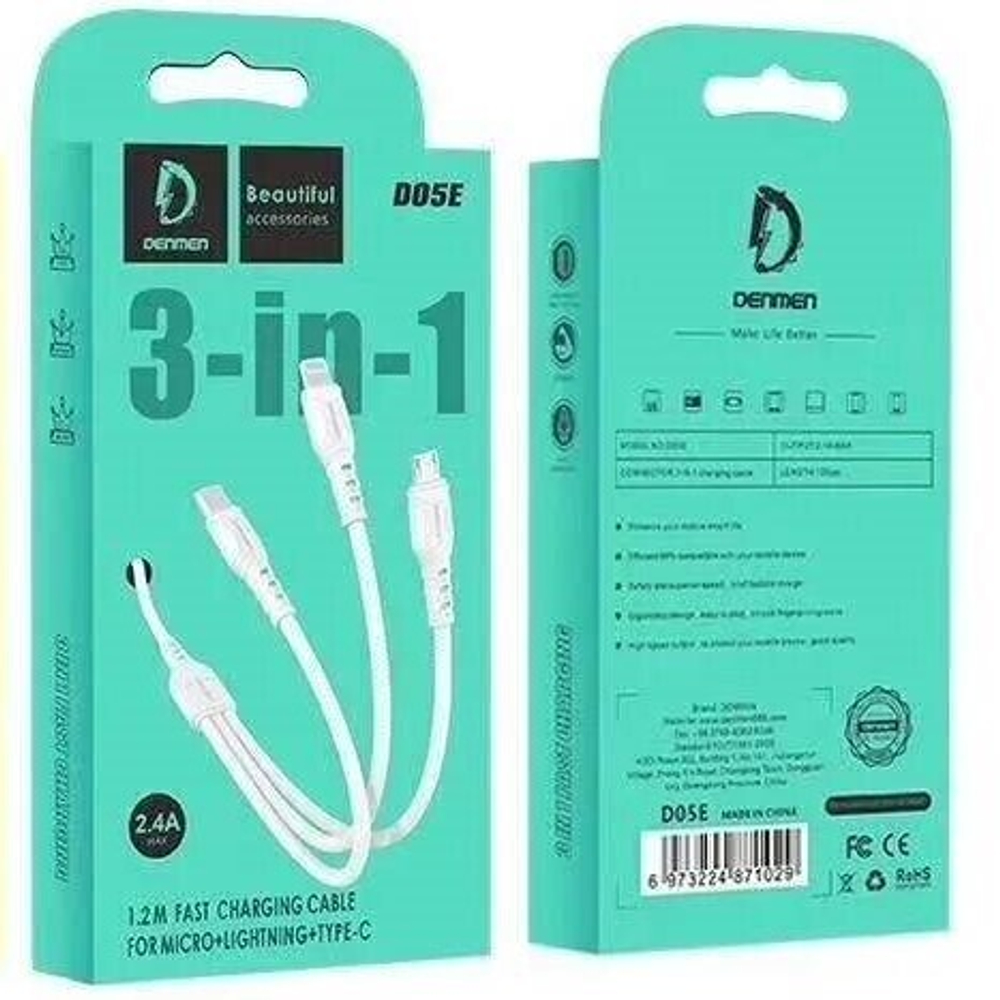 Кабель 3-in-1 DENMEN D05E MicroUSB+Lightning+Type-C 2.4A 1м PVC White
