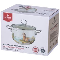 КАСТРЮЛЯ AGNESS ЭМАЛИРОВАННАЯ СО СТЕКЛЯННОЙ КРЫШКОЙ СЕРИЯ "FAMILY HOUSE", 1,5 Л ДИА.16СМ