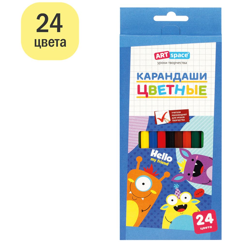 Карандаши цветные ArtSpace "Монстрики", 24цв., заточен., картон, европодвес