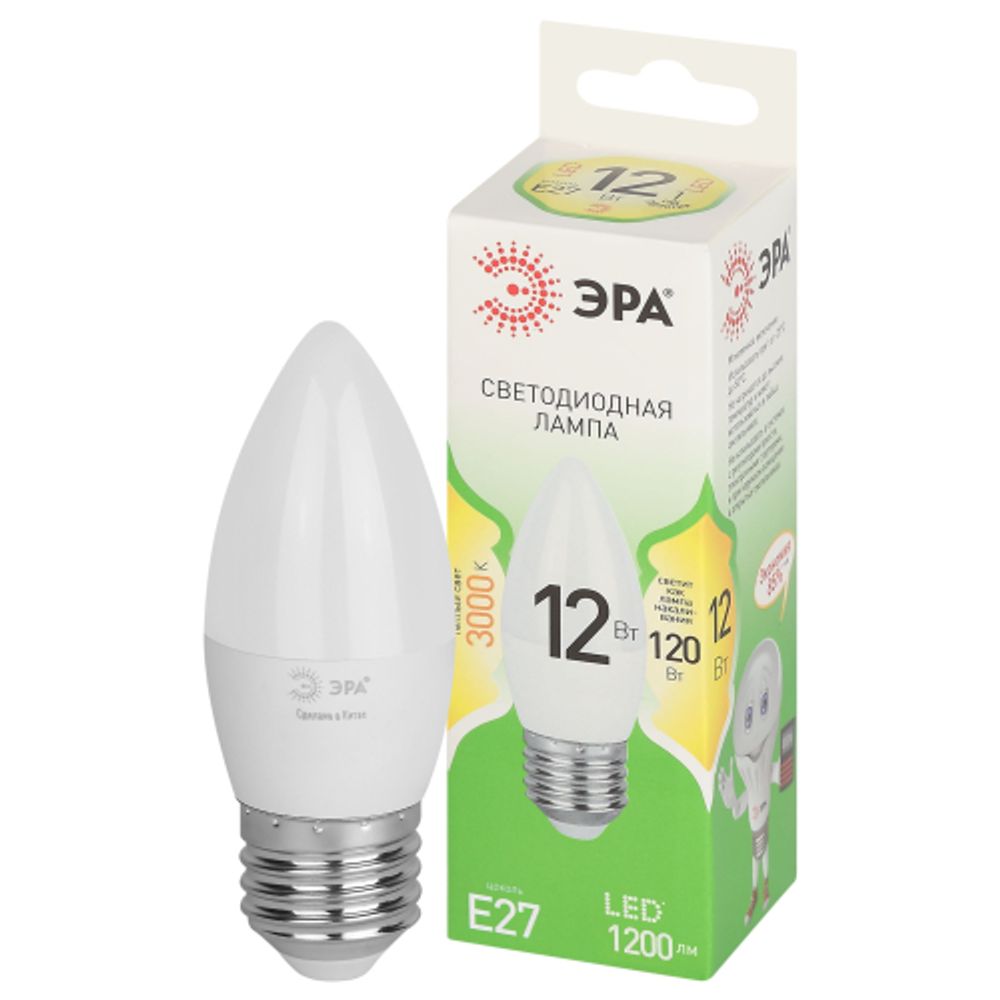 Лампа светодиодная ЭРА GREEN LINE LED B35-12W-830-E27 GL 12Вт свеча теплый свет E27