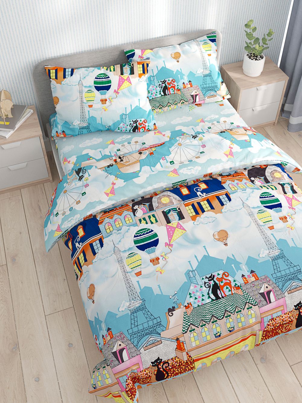 Постельное белье Сказка "Париж" 2-спальный Наволочка 50х70 см 2 шт Простынь 240х215 см Пододеяльник 175х215 см, перкаль
