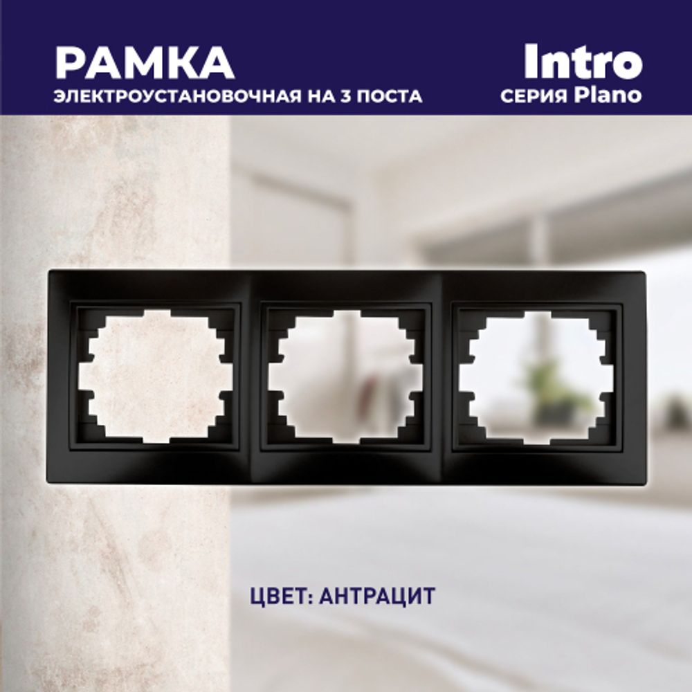 Рамка для розеток и выключателей Intro Plano 1-503-05 на 3 поста горизонтальная, СУ, антрацит