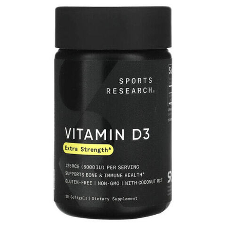 Витамин D Sports Research, Витамин D3, повышенная сила действия, 125 мкг (5000 МЕ), 30 мягких таблеток