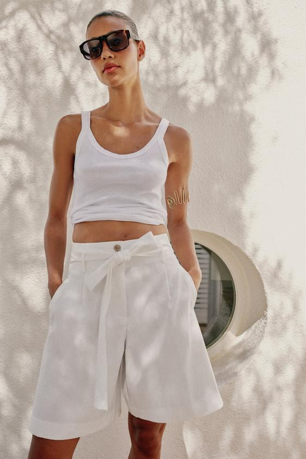ZARA ШОРТЫ С ПОЯСОМ-БАНТОМ, БЕЛЫЙ