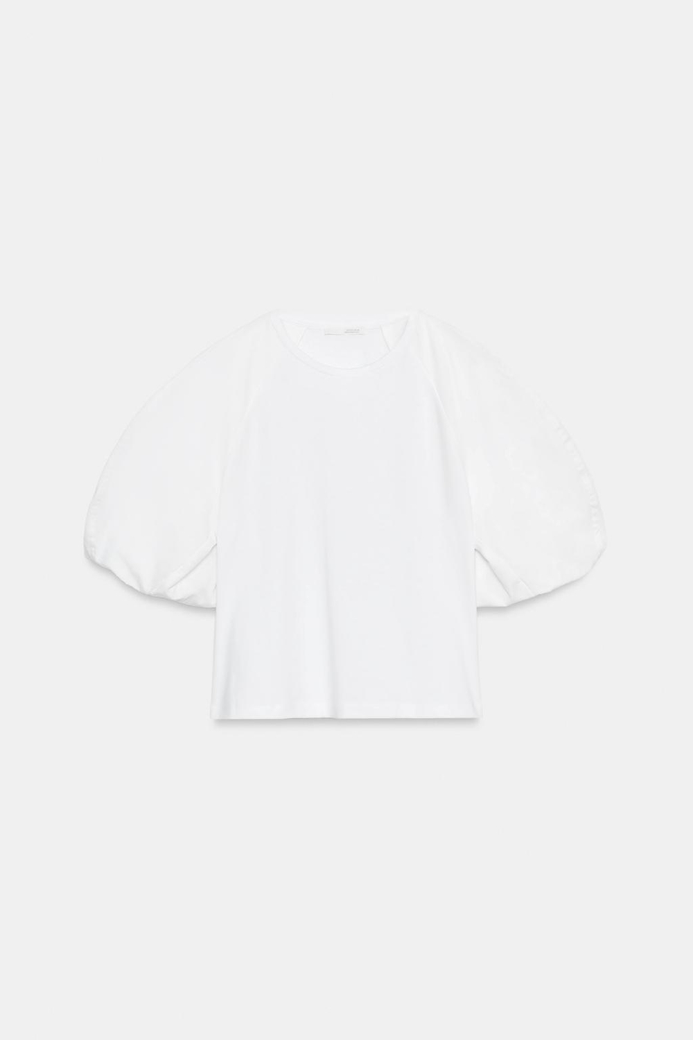 ZARA КОМБИНИРОВАННАЯ ФУТБОЛКА С ОБЪЕМНЫМИ РУКАВАМИ, БЕЛЫЙ