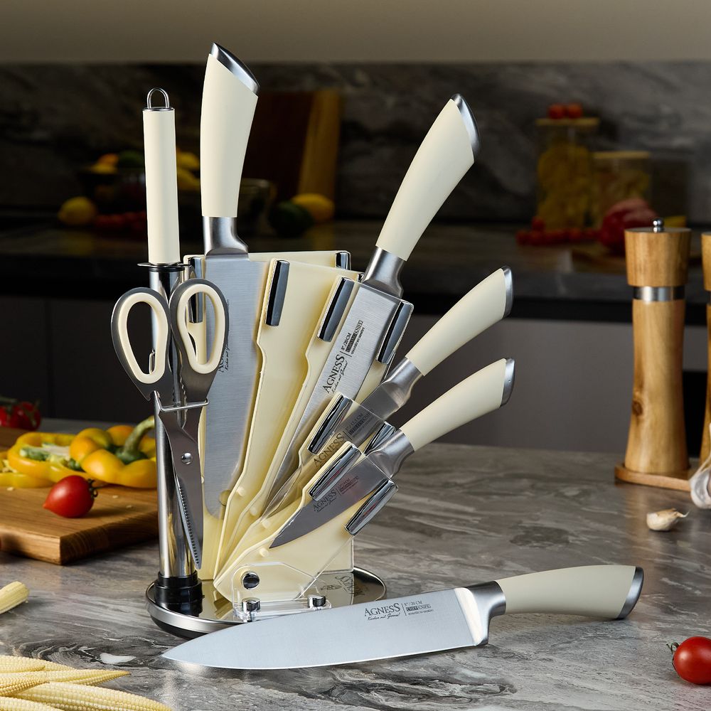 НАБОР НОЖЕЙ AGNESS НЖС НА ПЛАСТИКОВОЙ ВРАЩАЮЩЕЙСЯ ПОДСТАВКЕ 8 ПР. (КОР=6НАБОР.)