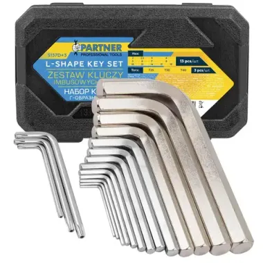 Ключи Г-образные 6-гранные, набор 13+3пр. (2, 2.5, 3-8, 10, 12, 14, 17, 19мм + T25, T30, T40) Partner PA-5137D+3