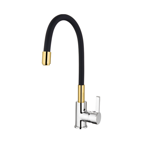 Смеситель для кухни 35к L4898-10 Ledeme силиконовый излив Черный+золото+хром, латунь